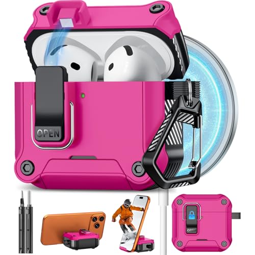Image of Pohgelan for AirPods 4 Case with Safety Lock-Rose red | Magnetic Automatic Lock with Cleaning Kit&Keychain,Compatible with Magsafe