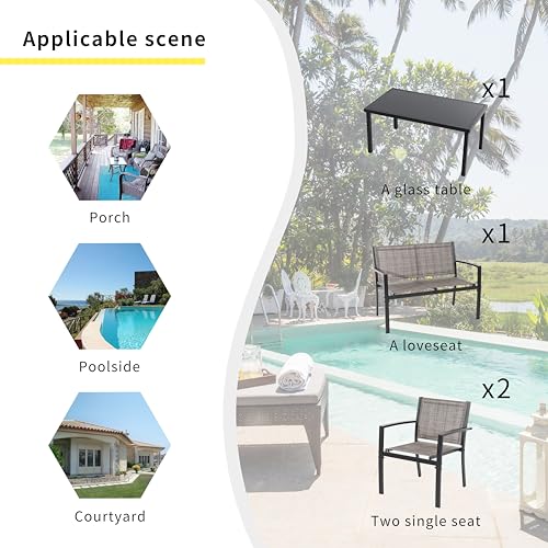 Image of Shintenchi 4 Pieces Patio Furniture Set All Weather Textile Fabric Outdoor Conversation Set, with Glass Coffee Table, Loveseat, 2 Single Chairs for Home, Garden, Lawn, Porch(Light Brown)