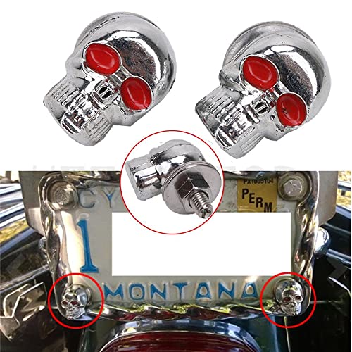 HTTMT 2PCS Skull Chrome Motorcycle License Plate Frame Bolts Screws Fastener Red Eye