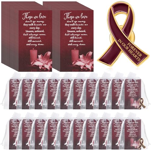 Image of Unittype 60 Set Funeral Ribbon Pins Awareness Lapel Pin | Memorial Pins Remembrance Ribbon Brooch with Prayer Cards Organza Bags for Women Men