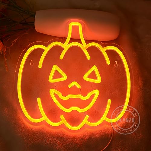 Image of Planzo Pumpkin Neon Sign Halloween Night Lights Wall Decoration Fall Harvest Lamp for Bar Kid Game Room Man Cave Bedroom Living Room Kitchen Spooky Halloween Christmas Gift Orange 5V USB Indoors