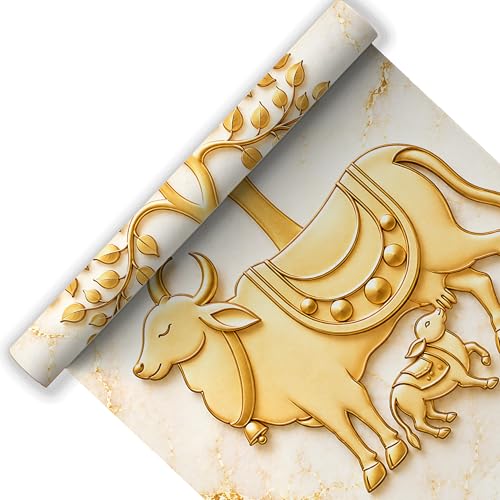 Image of Pichwai Cow Wallpaper for Mandir, 4X3 feet | Self-Adhesive Vinyl, Removable Marble Wall Sticker