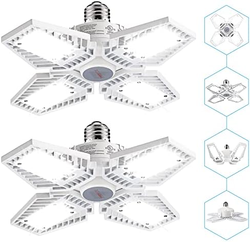 TORCHSTAR LED Garage Lights, UL Listed, 100W Deformable 4 Panels 12000LM Garage Ceiling Light, Aluminum Lighting, Adjustable E26/E27 Base for Barn, Basement, Workshop, 5000K Daylight, Pack of 2