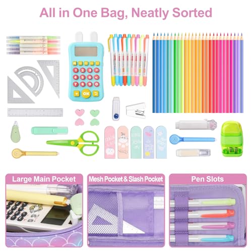 Image of Pencil Case for Girls - Expandable Big Capacity Pencil Cases for Kids Special Pencil Pouch for Girls Sparkly Kids Pencil Bag for School (Glitter Purple, Mermaid)