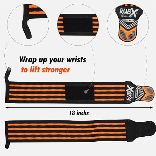 Image of RUBX Premium Wrist Wraps for Gym Workout - Adjustable Wrist Support Straps for Weightlifting, CrossFit, Powerlifting, Training - Men & Women Gym Accessories with Thumb Loop (Orange)