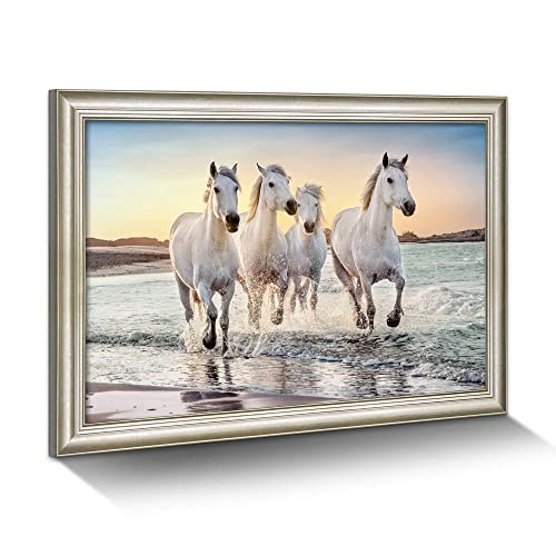 Seaside Horse Canvas Wall Art: Framed White Steeds Running Painting Relaxing Elegant Animals Galloping Picture Coastal Wildlife Portrait Prints Modern Equines Scenery Artwork for Living Room