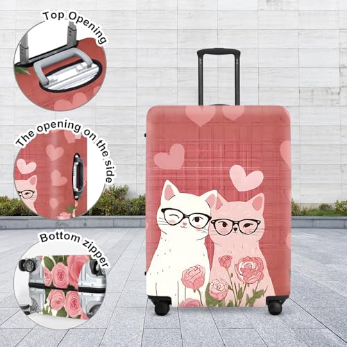 Image of Cat Glasses Romance Luggage Cover, Washable Suitcase Protector with Feline Hearts Flowers Anti-scratch for 18 inch,20 inch,22 inchBag