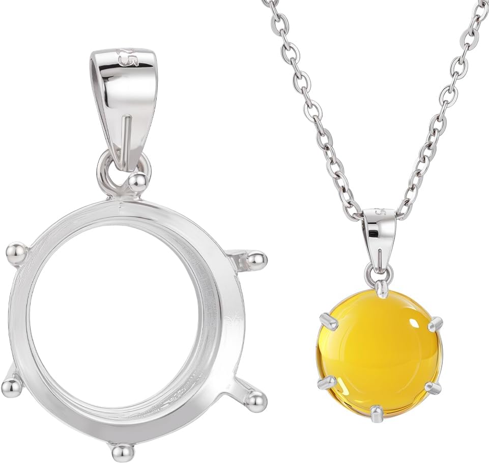 BENECREAT 925 Sterling Silver Round Pendant Setting, Cabochon Setting Pendant with 6 Claws for DIY Necklace Jewelry Making