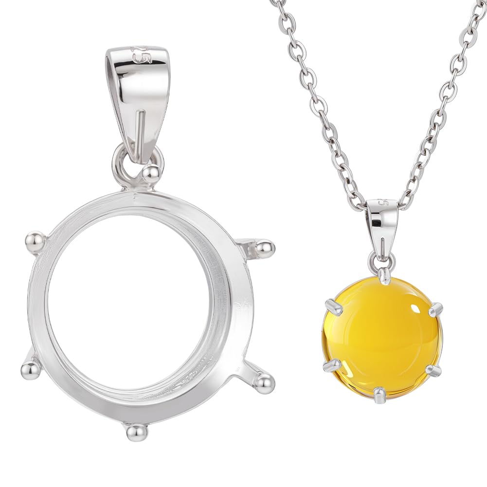 BENECREAT 925 Sterling Silver Round Pendant Setting, Cabochon Setting Pendant with 6 Claws Fit 9.5mm Gemstones for DIY Necklace Jewelry Making, 15x13x8.5mm