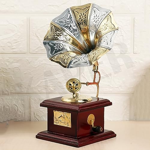Image of KAPER Antique Brass Gramophone Showpiece (10 Inch) - Handcrafted Vintage Decorative Figurine for Home Decor, Living Room, Office Desk, Study Table & Gift Item (Gramophone)