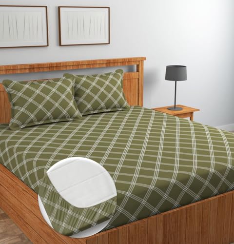 Image of NHD HOME Pure Cotton All Round Elastic Fitted Bedsheets for Double Bed with 2 King Size Pillow Covers 220 TC Supersoft |Wrinkel Free Bed Cover Size - 72x78+10 inches, Mehndi Green