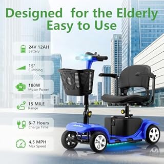 Mobility Scooter for Adults, Senior, 4 Wheels Electric Powered Chargeable Device for Travel, Lightweight Mobility Scooter, with LED Headlights and Basket, Charger Included