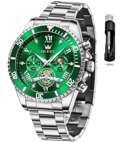 Image of OLEVS Mens Watches Chronograph Luxury Dress Moon Phase Two Tone Stainless Steel Waterproof Luminous Business Calendar Wrist Watch