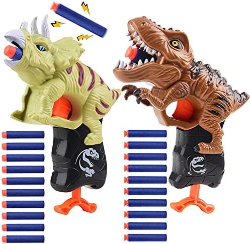Happitry Dinosaur Blaster Gun Toys for Boys 3 4 5 6 Year Old, Small Dino Foam Guns for Toddlers Age 3-5, Cool Toddler Toy Gun Gifts for Little Kids Birthday or Christmas, 2 Pack T-rex & Triceratop