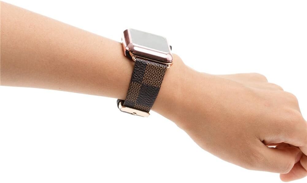 Compatible Apple iWatch Leather Series 3 2 1 42mm Replacement Wristband Fashion Plaid Style Strap Wrist Band with Metal Rosegold Adapter Womens Men (Brown 42mm)