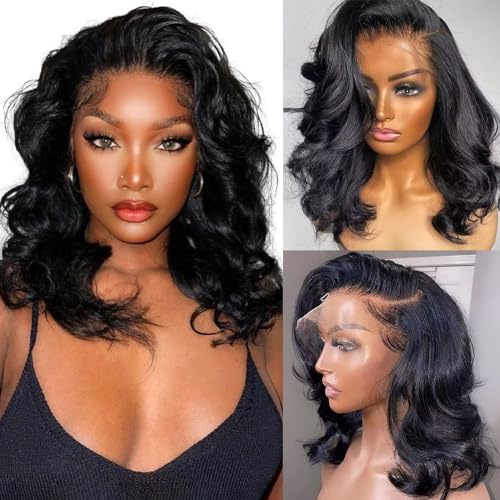 13x4 Body Wave HD Lace Front Wigs Human Hair 210% Density Bob Wig Human Hair Pre Plucked Body Wave Human Hair Wigs for Black Women Natural Black Color 165g (14 inch, Bob Wig)
