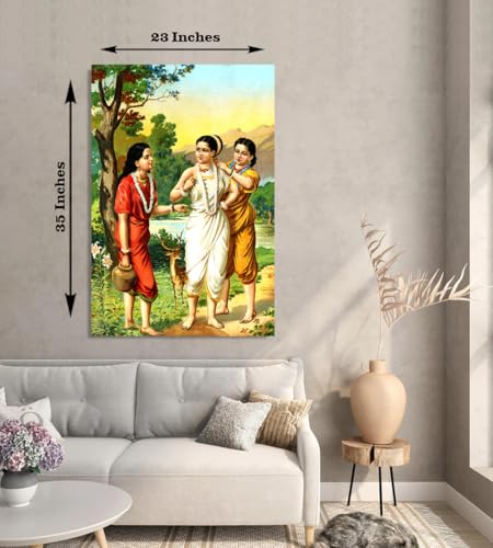 Image of Sikhash Raja Ravi Varma Canvas Painting Classic Art, Indian Art, Famous Artist, Wall Painting for Living Room, Bedroom, Office, Unframed, Multicolor Fabric Size - 35x23 inches (89x58 cms, Shakuntala and Sakhis)