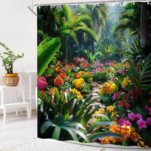 Tropical Rainforest Shower Curtain Jungle Forest Palm Tree Leaves Flower Green Outdoor Nature...