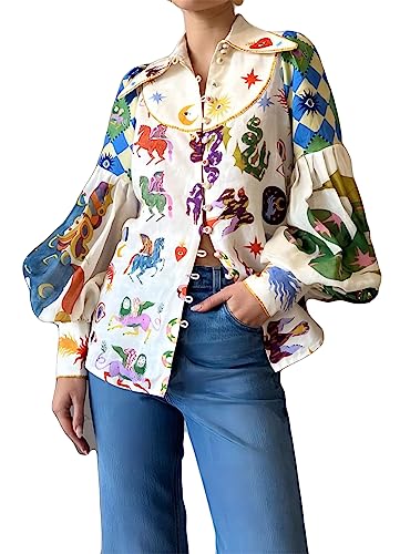 Women's Long Puff Sleeve Lapel Button Graffiti Printed Bodycon Sexy Nightclub Party Blouse Shirts Tops