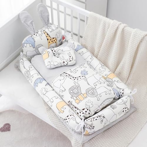 Siuhuig ベビーベッド 新生児 添い寝 枕付き ベッドインベッド 簡易ベッド 持ち運び 携帯型ベビーベッド ウサギの耳の形 かわいい ベビー布団 通気性 取り外し 洗える可能 0-8ヶ月 出産祝い 88*50*12cm (雨林)