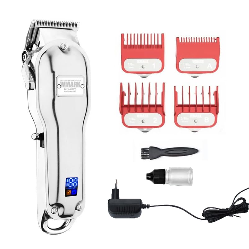 WMARK Metal Body Professional 0 Gap Hair Clipper Digital Display High precision 440C Self Sharpening Blade 5800 RPM Motor 4 Guide Comb Taper Lever 240 min Runtime 2500 mAh Battery, Model 25