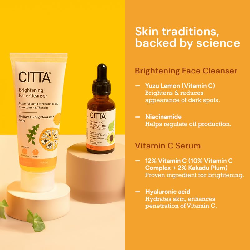 Image of CITTA Brightening Skincare Combo,Yuzu Lemon Brightening Face Wash(100 ml)+ 12% Vitamin C Serum(30 ml),Glowing,Even-Toned,Hydrated Skin,Gentle for Daily Use,Unisex,Non-Drying,Effective Formula.