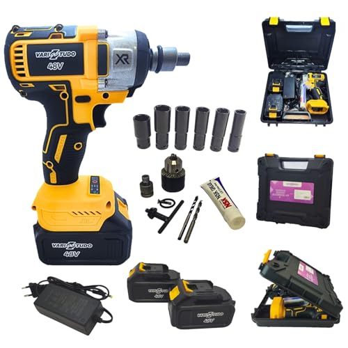 Chave de Impacto 48V, Parafusadeira e Furadeira Recarregável Bivolt com 2 Baterias de 2000mAh, Veloc
