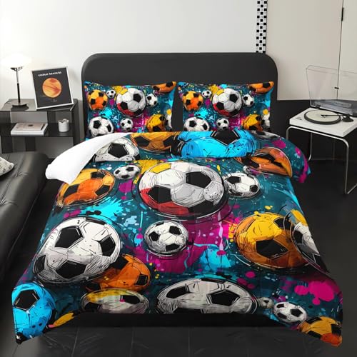 Image of Soccer Comforter Queen Size,Sport Kids Comforter Set,3Pcs Bedding Set Printed Comforter with 2 Pillowcases,Down Alternative,Soft and Lightweight,for All Seasons