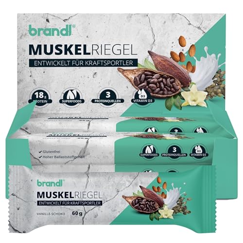 Eiweiß-Riegel für Sportler ohne künstliche Süßstoffe – Proteinriegel mit 18g Eiweiß aus 3 Quellen – Protein Snack mit Superfoods by brandl® – 12 x 60g Fitness-Riegel – Protein Bar nach dem Training