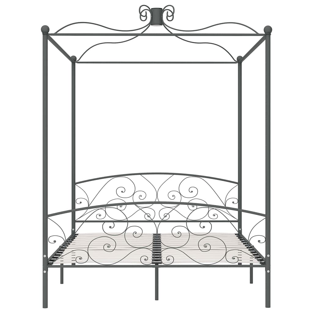 Szara metalowa rama łóżka z baldachimem 160 x 200 cm, górna rama na zasłony, solidna i trwała rama bez materaca, stylowy design do sypialni, w zestawie stelaż
