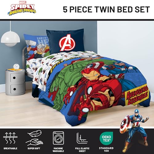 Image of Jay Franco Kids Bed Set, Blue, Avengers, 5 Piece Twin | Cozy Soft Bedding for Stylish Room Decor with Comforter, Sheets & Pillow Covers