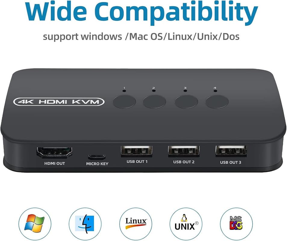 Image of COOLCOLD KVM Switch | 4 Port HDMI USB Switcher for 4 Computer Share a 4K@30Hz Monitor and 3 USB Device Keyboard Mouse Printer, Including 4 KVM Cables - Share One Monitor Between PC /Laptop /Projector
