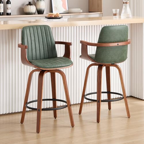 VipDesk Set de 2 Butacos con respaldo alto y brazos giratorios de 26 pulg, sillas de bar modernas con cuero PU para isla de cocina-Verde miniatura 1