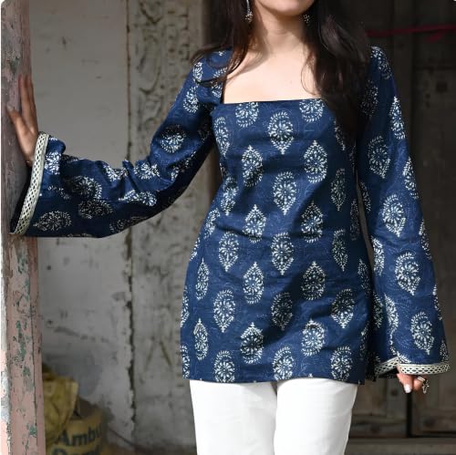 Image of Women Pure Cotton Floral Printed Short Kurti | Square Neck | Full Sleeves | Stylish Ethnic Kurta | Back Tie-Up | Casual Wear Kurta