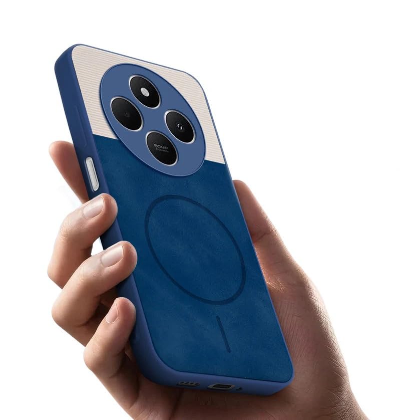 Image of Bintage CASE Mac Safe Design Hard Light Weight Back Case | Soft Border Camera Protect | Dual PU Leather Finish Back Cover Compatible for Mi Redmi A4 5G - White & Blue