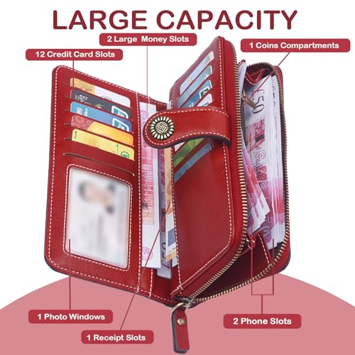 BYWAUQI Wallets for Women Leather Large Capacity Credit Card Holder for Women with Wristlet Zipper Pocket ID Window(red)3