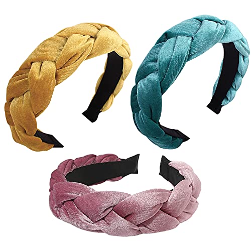 Headband of Women , 3 Packs Wide Edge Velvet Twist Braided Hair Band , Solid Color Fashion Hair Bands. (Green/Yellow/Rose red)