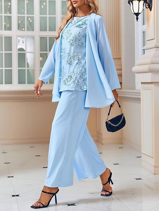 Image of 3 Pieces Mother of The Bride Dresses Pant Suits - Lace Chiffon Long Sleeve Grandmother Dresses with Jacket