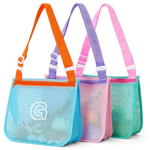 3Pcs Alphabet Printed Seashell Bags, Lightweight & Foldable Kids Beach Toy Mesh Bags with Adjustable Straps, Portable for Pool and Beach Essentials-G