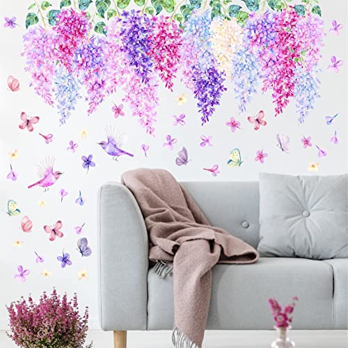 Hanging Flower Wall Decals Watercolor Flower Vine Stickers Peel and Stick Removable Purple Pink Floral Wall Stickers for Girls Bedroom Nursery Living Room Decor - Image 2