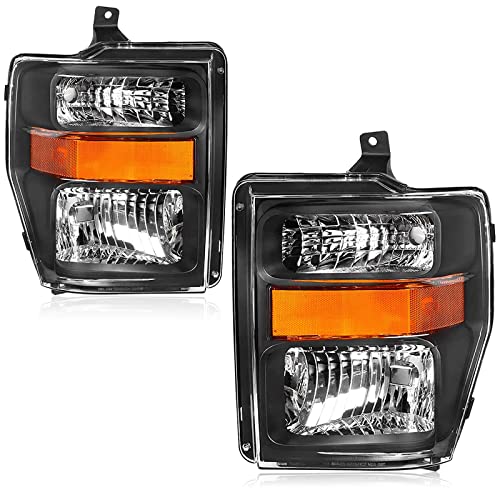 WEIZE Headlights Assembly Compatible with 2008 2009 2010 Ford F-250/ F-350/ F-450/ F-550 Pickup Amber Headlamp Black Housing Driver Passenger Side