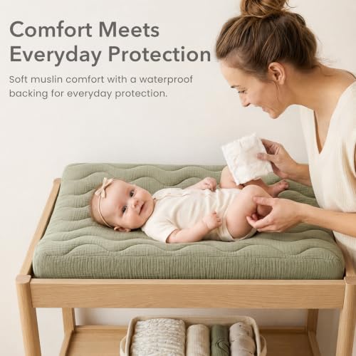 Image of Konssy 2 Pack Quilted Muslin Changing Pad Cover, Waterproof Layer 32 inch x 16 inch