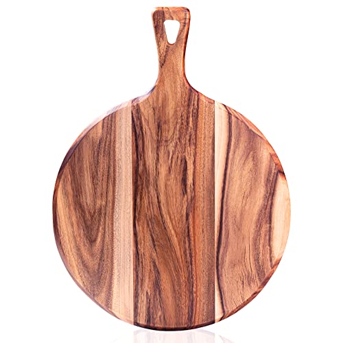 Acacia Wood Cutting Board Pizza Peel - EVNSIX Round Cutting Boards with Handle for kitchen,Wooden Chopping Board Countertop for Meat, Bread, Vegetables Fruits Charcuterie Cheese Serving Paddle Board