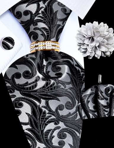 Image of 5PCS Mens Silk Designer Tie, Pocket Square, Cufflinks, Drilled Tie Ring and Lapel Pin Set for Wedding Groom Party