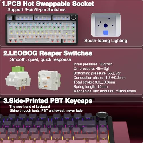 Image of AULA F75 Pro Wireless Mechanical Keyboard,75% Hot Swappable Custom Keyboard,RGB Backlit,Pre-lubed Reaper Switches,Side Printed PBT Keycaps Mechanical Gaming Keyboards, Pink&Black