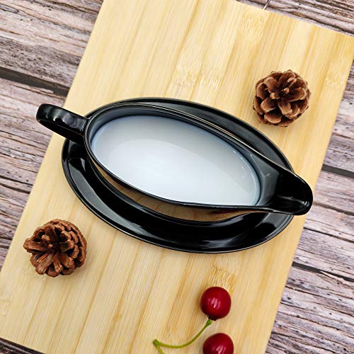 Gravy Boat with Ceramic Tray, 1 PC 8 oz Easy Pour Black Gravy Boat with Saucer Stand for Salad Dressings, Milk,Broth, Creamer and More/ Microwave & Dishwasher Safe (Black)