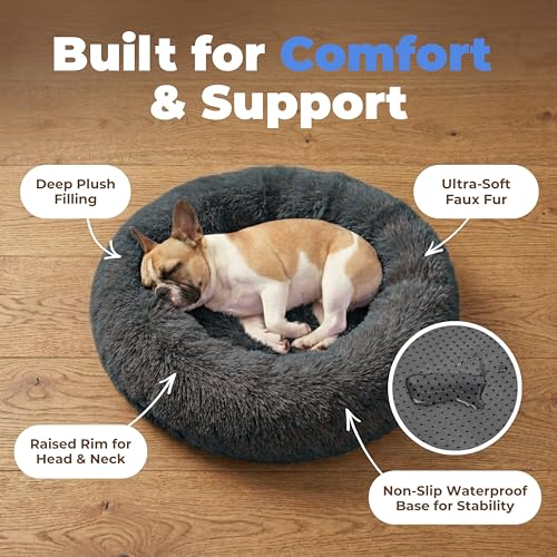 Image of Best Pet Supplies Round Calming Dog Bed for Small, Medium & Large Dogs, Plush Donut Cuddler Pet Bed w /Raised Rim for Head, Neck Support, Anti-Slip Bottom Washable Bed - Gray, 27 x 27 x 7.5