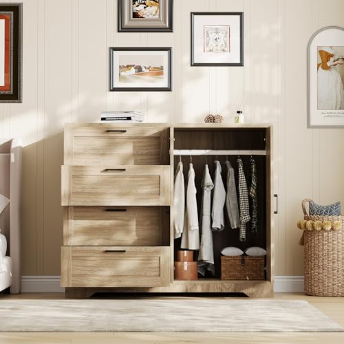 GarveeHome Multifunctional Wooden Dresser for Bedroom, 43.3'' H 2 Door Wardrobe Armoire Closet with 4 Drawers and Hanging Rod, Low Storage Cabinet for Hanging Cloth, Natural Oak