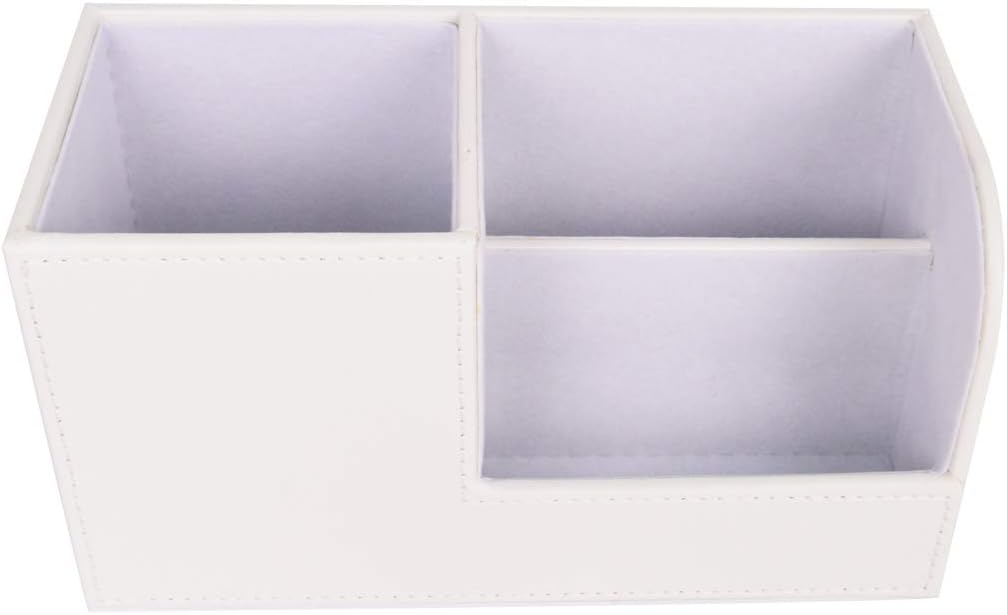 TECKE Home Office PU Leather Desk Organizer Multifunctional 3 Compartment Desktop Storage Box for Business Card, Pen, Pencil, Mobile Phone, Remote Control(White)
