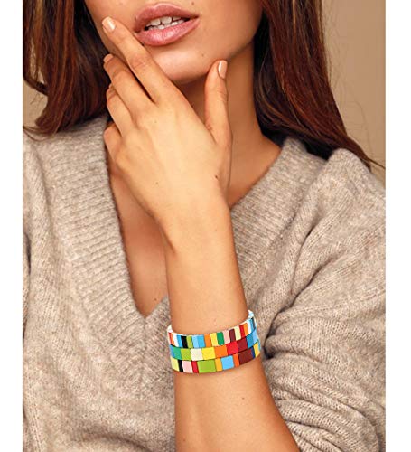 NVENF Tile Bracelets Enamel Rainbow Tile Bead Bracelets Colorblock Stackable Stretch Bracelets Bohemia Tile Strand Bangle Bracelet Set for Women Men2
